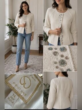 ST. JOHN COUTURE Cream Bouclé Tweed Knit Jacket Blazer Cluster Button USA